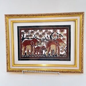Thai Nang Yai Leather Shadow Puppet Art Framed Elephants Monkey Gold 12x9